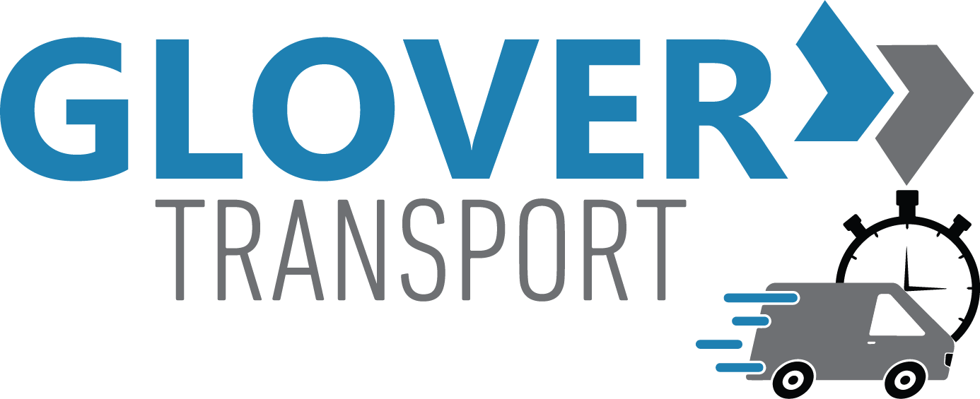 GLOVER in blue capitalized letters. TRANSPORT in gray capitalized letters. Two arrows, one blue and one gray, followed by a gray van with a clock behind it.